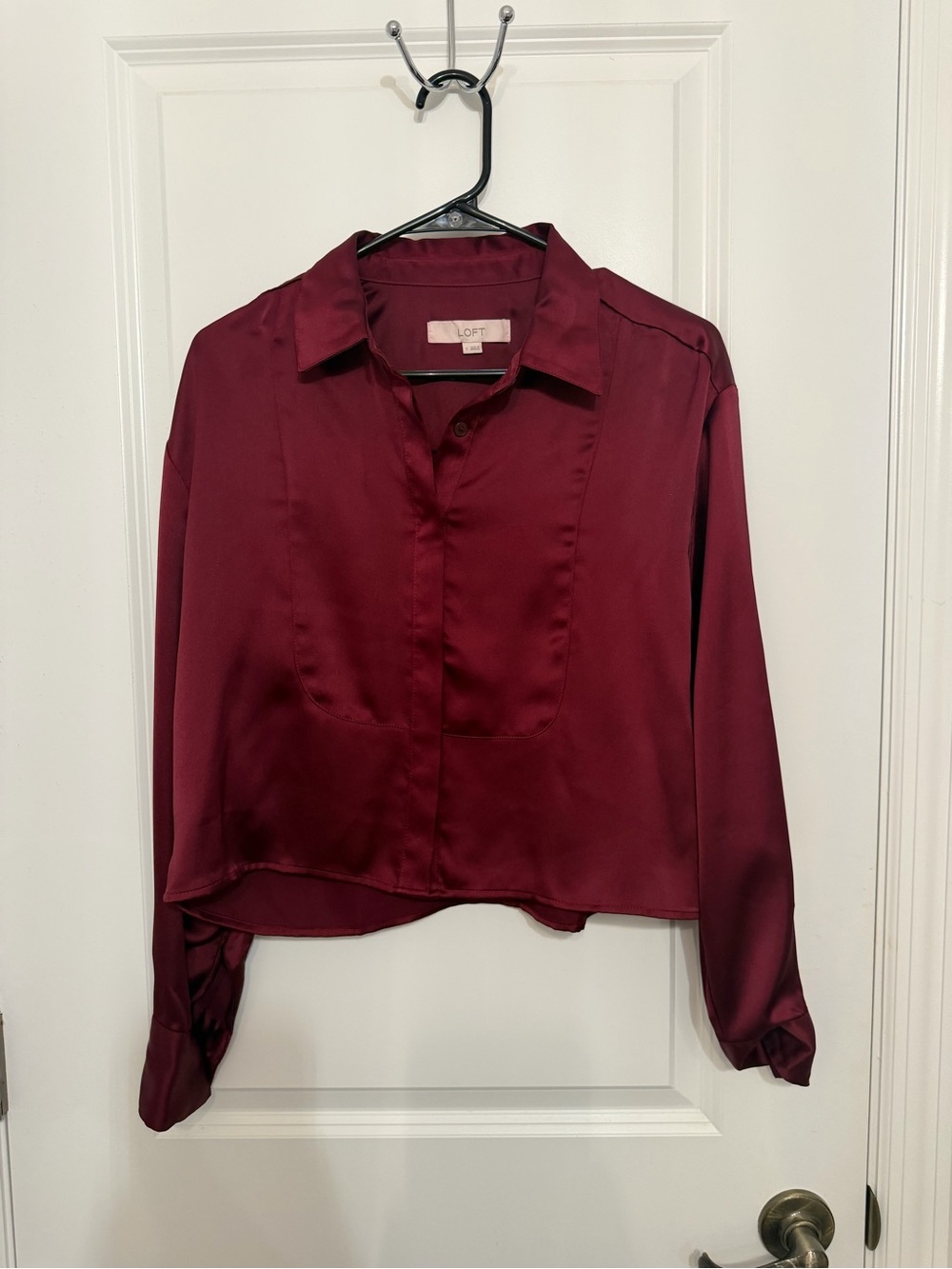 LOFT Satin Button-Front Burgundy Blouse